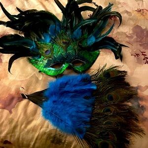 Masquerade Halloween peacock fancy feather mask with fan